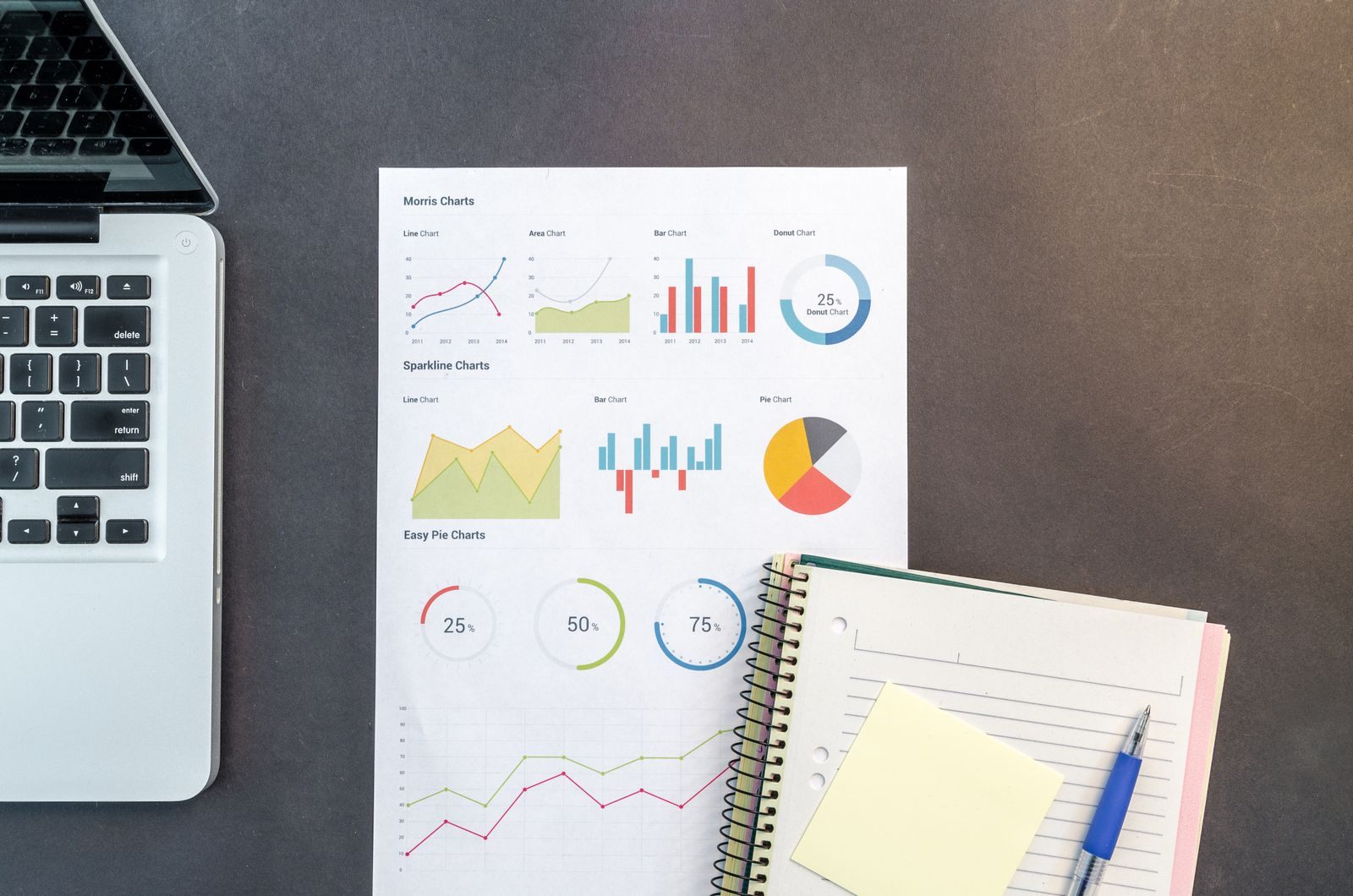 Printed charts beside a laptop and notebook on a desk, the raw material of cruise industry trends